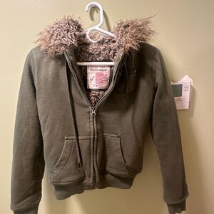 Anchor Blue Olive Hoodie with Fur Trim